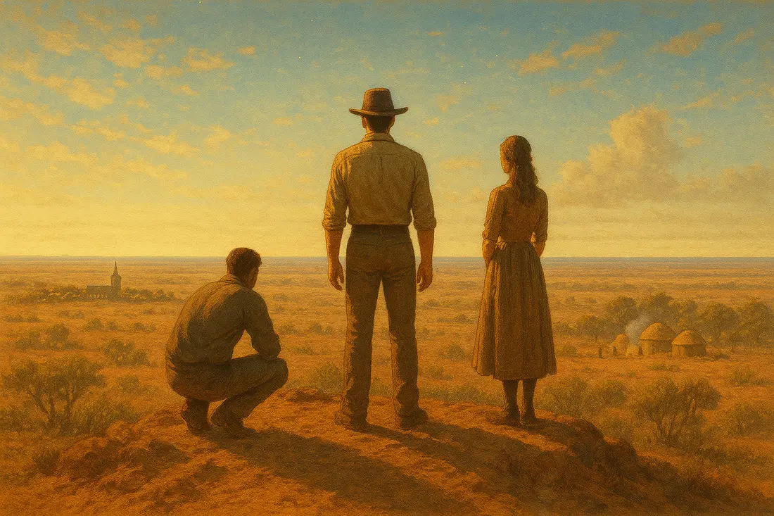 The Man Called Dingo concept art: three figures on an outback ridge at sunset