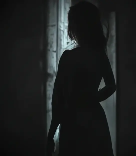 Lunatic concept art: a woman in silhouette at an asylum window